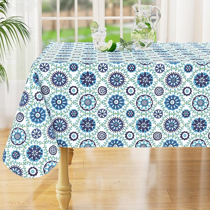 misaya Rectangle Waterproof Vinyl Table Cloth, Wipeable Tablecloth with Flannel Backing, Plastic Table Cover for Dinner, Picnic, Indoor and Outdoor (Navy Mandala, 60" x 84")