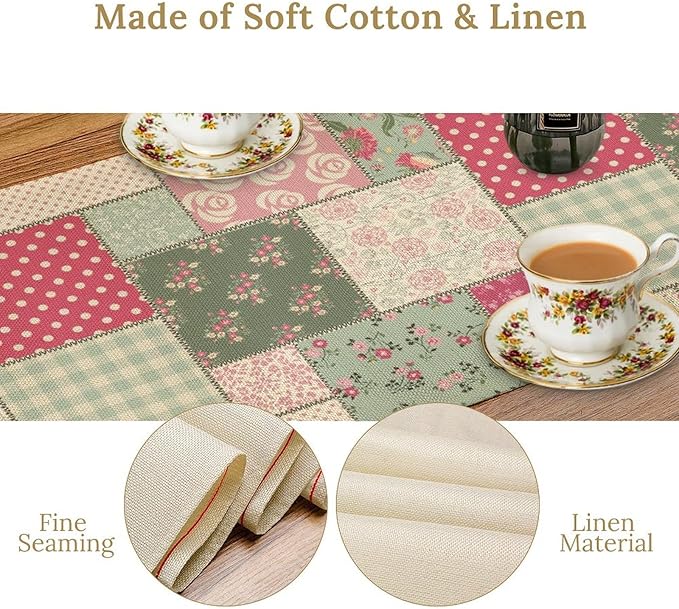 Patchwork Flowers Table Runner, Boho Plaid Floral Retro Romantic Rose Plants Table Runner for Dining Coffee Party Holiday Farmhouse 13x70in
