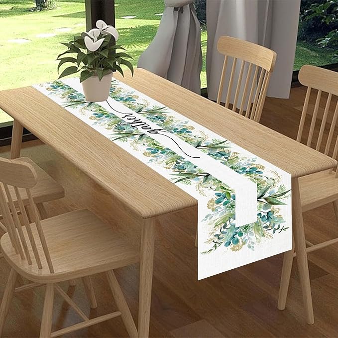 Farmhouse Table Runner, Green Gold Eucalyptus Spring Seasonal Plants Rustic Country Cafe Coffee Table Center Decor for Home Kitchen Dining Patio Indoor Outdoor Table Decorations, 13"x72" Inch