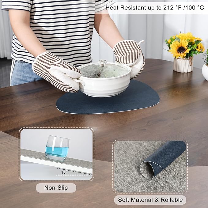 Placemats and Coasters, Washable Reversible Placemats Round Faux Leather Wipeable Place Mats Non Slip Heat Resistant Indoor Outdoor Table Mats (Set of 6, Gray Blue)