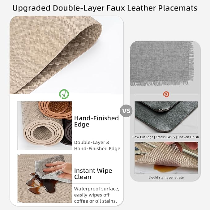 Faux Leather Placemats Set of 6 – 17x12 Inch Vinyl Table Mats, Heat Resistant, Non Slip, Wipeable & Washable, Easy to Clean Dining Table Decor for Kitchen & Dining Room（Light Taupe）