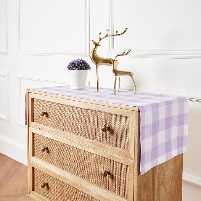 Solino Home Linen Checkered Table Runner 36 Inches - 100% Pure Linen Misty Lavender Buffalo Check Table Runner 14 x 36 Inch Ideal for Dresser and Coffee Tables - Valentines, Spring, Easter