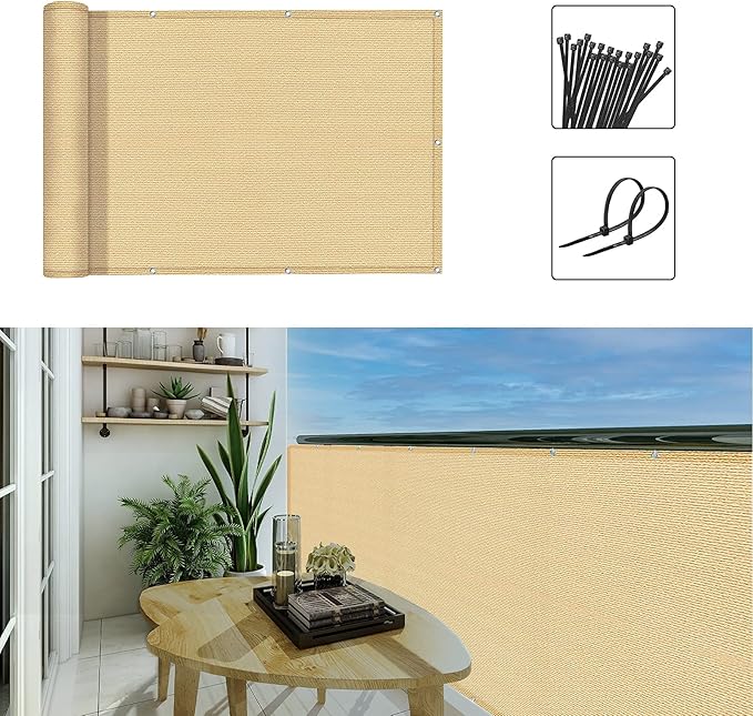 3'x16.4'Balcony Privacy Screen Cover Fence Cover UV Protection Weatherproof Windscreen Heavy Duty for Patio, Backyard,Sand