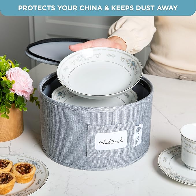 China Storage Hard Shell Containers 12-Piece Set Moving Boxes for Dinnerware, Glasses, Plates, Mugs and Saucers Sturdy Dish Organizer with Dividers for Seasonal Storage - Service for 12 - Grey