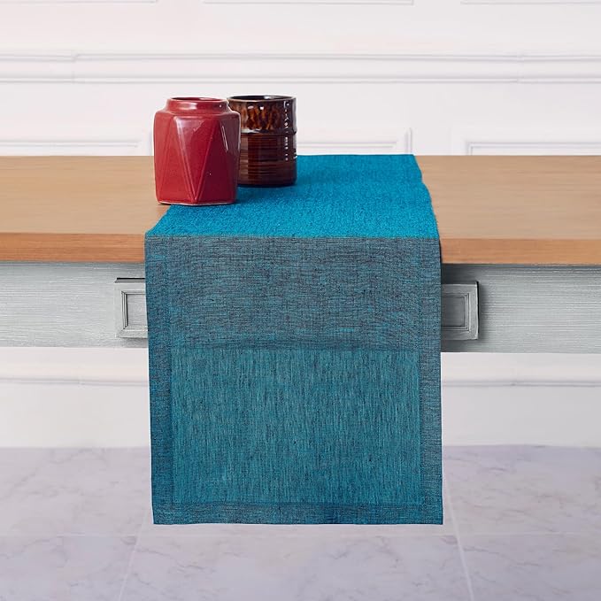 Solino Home Linen Small Table Runner 60 Inches - Athena, 100% Pure Linen Chambray Teal Table Runner 14 x 60 Inch Ideal for Dresser and Coffee Tables, Spring, Easter, St Patricks Day