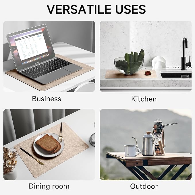 Faux Leather Vinyl Placemats Set of 4 Wipeable Heat Resistant Place Mats 100% Washable - Waterproof - Anti Slip Reversible Table Mats for Kitchen/Dining/Party/Outdoor, 12" x 16.5", Khaki