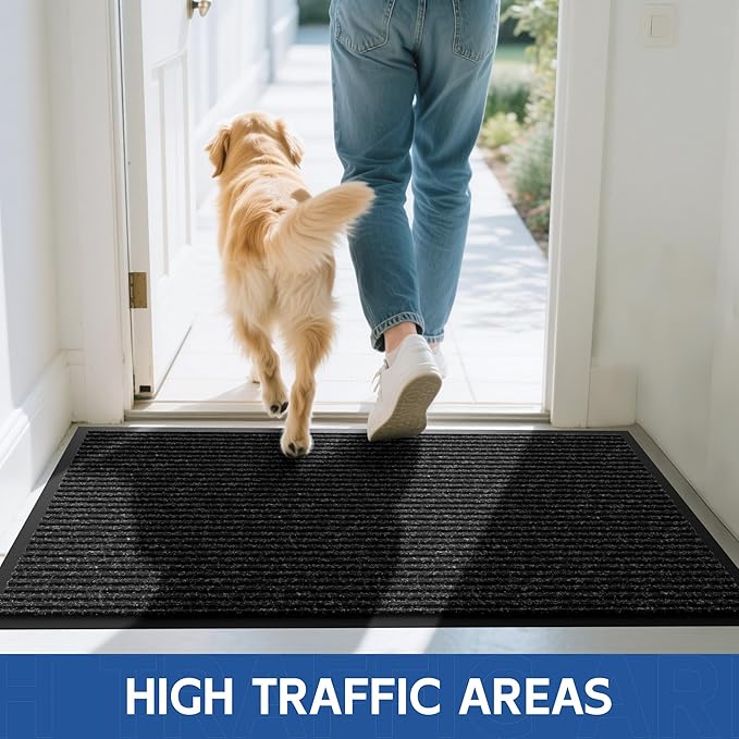 Front Door Mat, 5' x 4' Heavy Duty Indoor Outdoor Door Mat Entrance, Commercial Welcome Mats, Stain and Fade Resistant, Durable Rubber Backing, Low Profile Entry Mat for Patio, Black Stripe