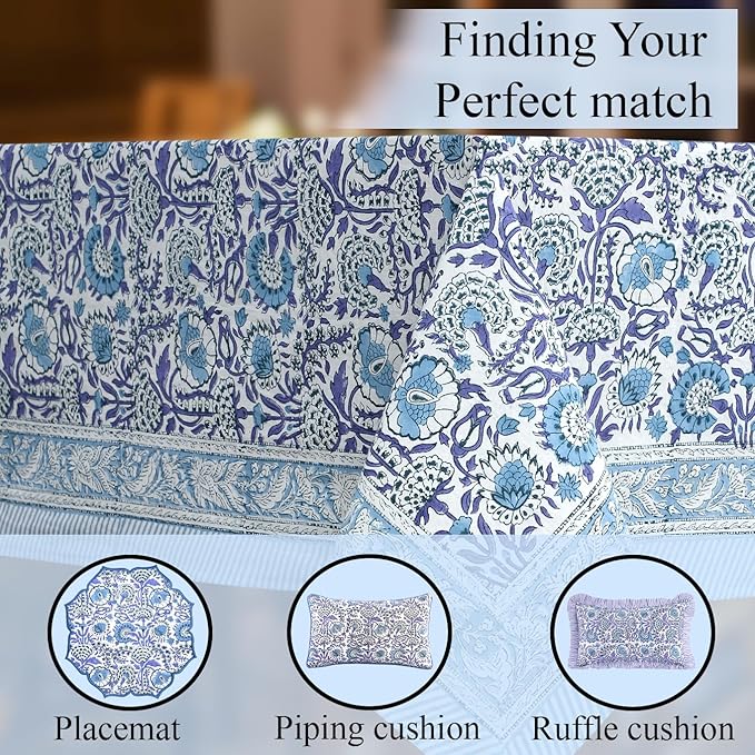 CPC Tablecloth 100% Cotton 60x60 Inch Indian Block Print Square Table Cover, Table Cloth for Weddings, Spring/Summer, Barbeque - Indigo Blue