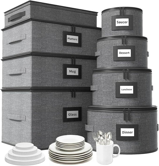 Aokeyee China Storage Containers Hard Shell 8 Piece, Mug, Wine Glass, Utensils, Plate Storage Containers w/Lid, Soft Dividers Felt Pads, Handles, Stackable Storage Organizer for Moving, Party, Grey