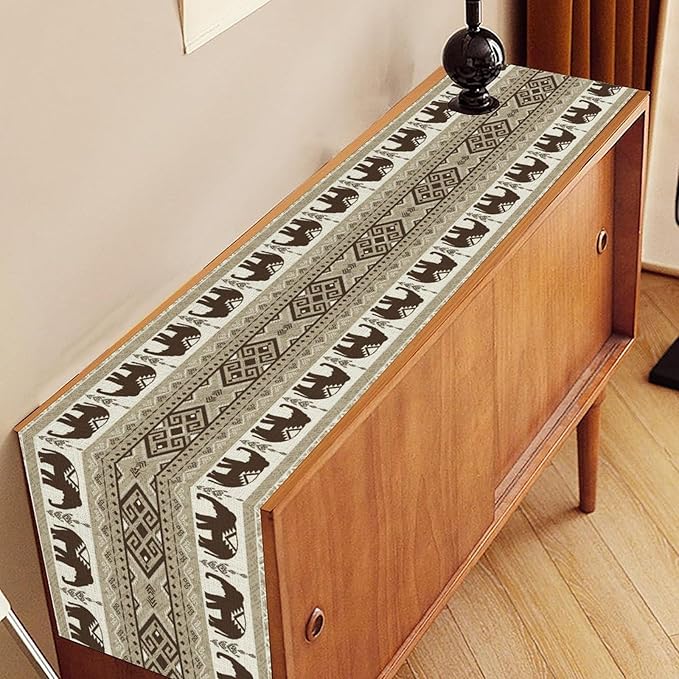 African Tribal Table Runner, Rustic Boho Elephants Diwali India Aztec Bohemian Animal Brown Ethnic Folk Coffee Table Center Decor for Home Kitchen Holiday Party Outdoor Table Decorations, 13"x108"