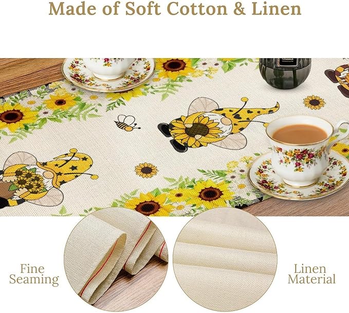 Summer Sunflower Gnome Table Runner, Buffalo Plaid Bee Farmhouse Seasonal Table Decoration for Outdoor Home Party Kitchen Dining Holiday 13x120in