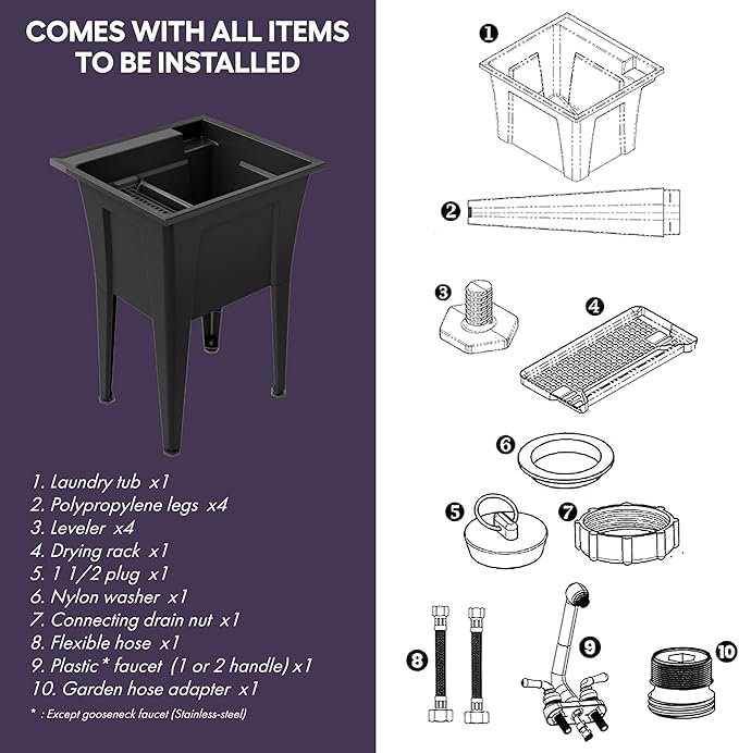 Freestanding Utility Sink with One Handle Chrome Faucet - 24" Plastic Utility Sink for Garage, Laundry, Indoor and Oudoor Use - Laundry Tub Kit by Noah William Home - Black (19.5 gal)