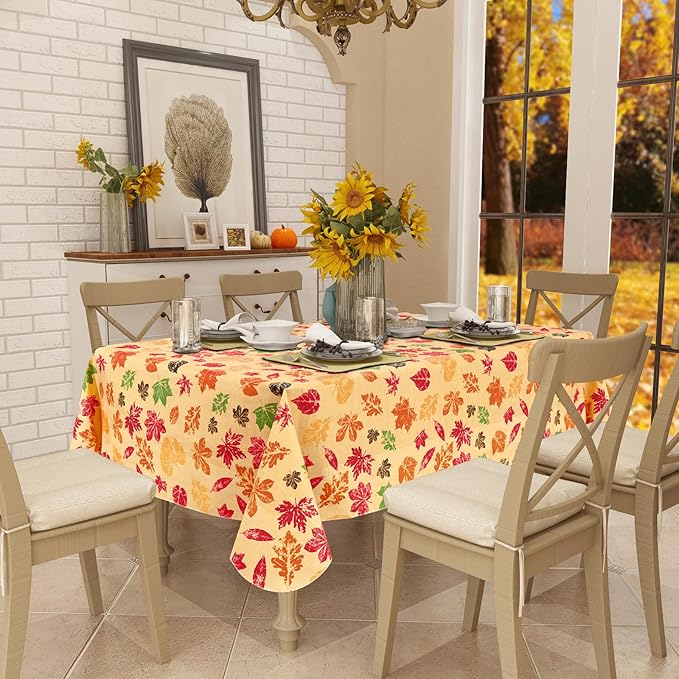 misaya Rectangle Waterproof Vinyl Table Cloth, Wipeable Tablecloth with Flannel Backing, Plastic Table Cover for Fall, Thanksgiving (Colored Leaves, 60" x 102")