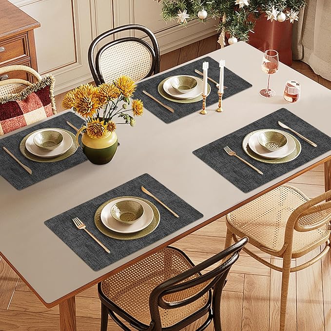Faux Leather Heat Resistant Placemats Set of 6 – Waterproof Oilproof Wipeable Dining PU Vinyl Place Mat Easy Clean Table Mats for Kitchen/Dining/Party/Holiday, Dark Grey