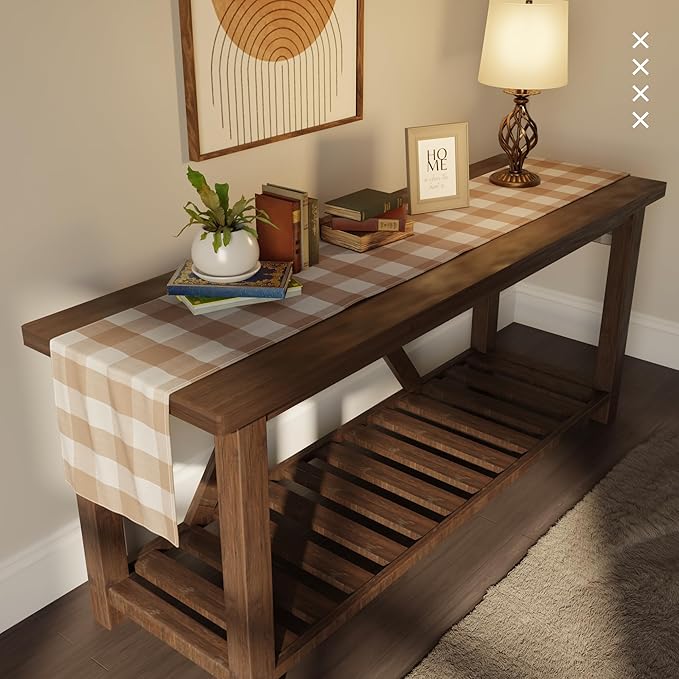 Encasa XO Cotton Dining Table Runner | Buffalo Beige Checks | Size 13x91 in - Machine Washable & Durable