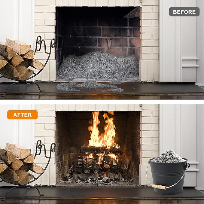 Poofzy Ash Bucket with Lid, Small Fireplace Ash Bucket with Lid and Shovel, 1.3 Gallon Metal Bucket for Fireplace with Hand Broom and Gloves, Fireplace Bucket for Ashes for Wood Stove and Fire Pit