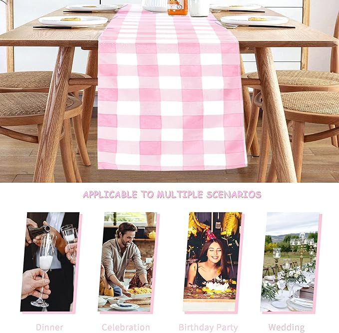 Fabric Checkered Table Runner 12 Pack Waterproof Gingham Table Runner 14W x 108L Buffalo Check Table Runners for Parties Kitchen Dining Wedding Banquet (Pink and White)