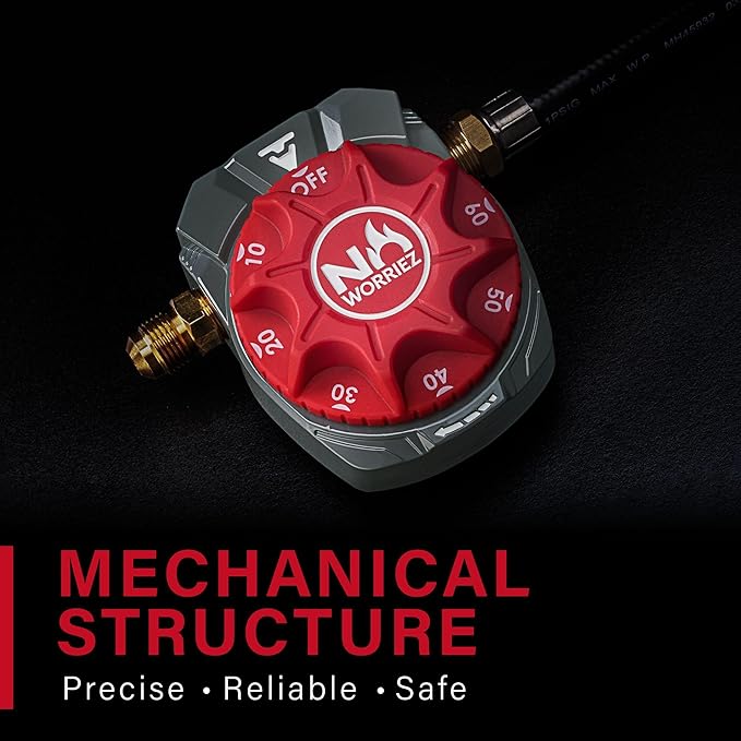 NO WORRIEZ Safety Auto Shut-Off Gas Timer for Propane & Natural Gas | Outdoor Grill, Fire Pit, Pizza Oven | – 100,000 BTU w/ 3/8" Flared Connector & Hose, Patent Pending
