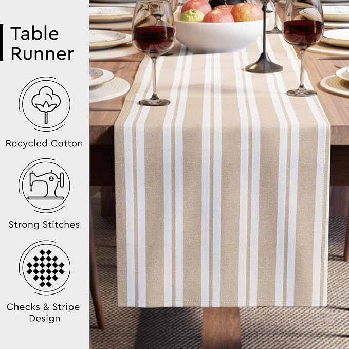 Encasa XO Cotton Dining Table Runner | Franca Beige Stripes | Size 13x91 in - Machine Washable & Durable