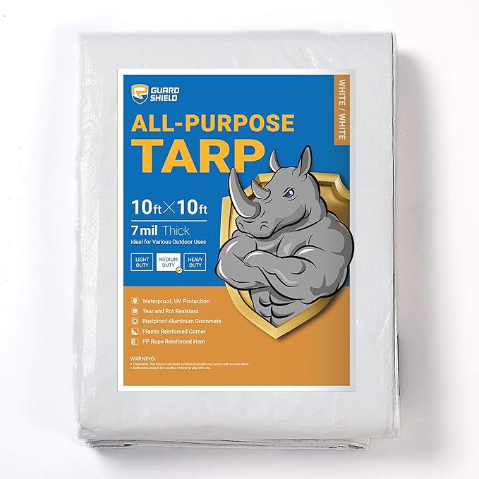 GUARD SHIELD White Tarp 10x10 Feet Medium Duty All Purpose Poly Tarps Cover 7mil