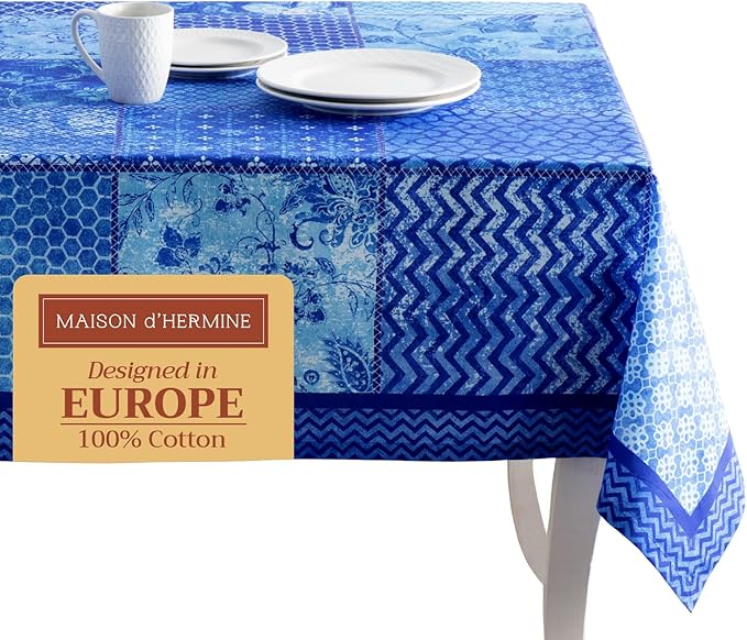 Maison d' Hermine Table Cloth Rectangle Table 100% Cotton 60 x 90 Inches Tablecloth Reusable Decorative for Dining Room, Farmhouse, Home, Party, Festive & Wedding Spring Summer - Indigo Love