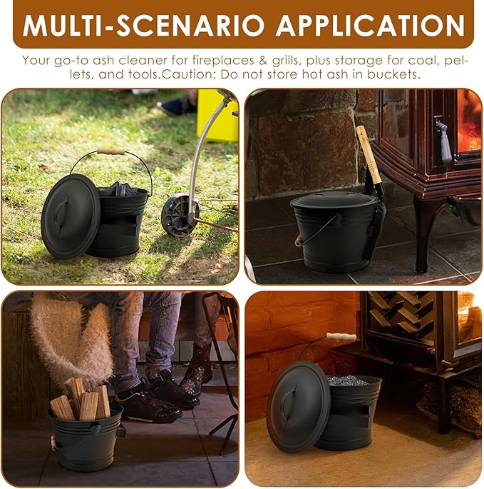 1.5 Gallon Ash Bucket with Lid and Shovel Broom Metal, Fireplace Ash Bucket, Complete Fireplace Tools Set for Fire Pit Grill Black(4 Pcs Set)