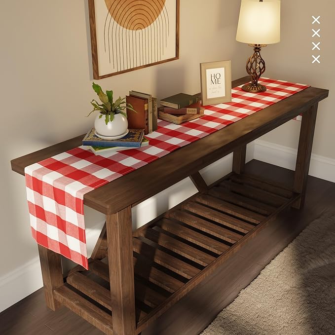 Encasa XO Cotton Dining Table Runner | Buffalo Red Checks | Size 13x72 in - Machine Washable & Durable