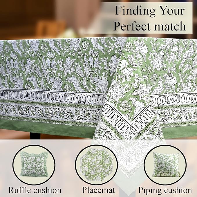 CPC Cotton Tablecloth 80x120 Inch Rectangle Indian Block Print Tablecloth- Green Washable Wedding Table Cover for Thanksgiving/Christmas- Olive Green