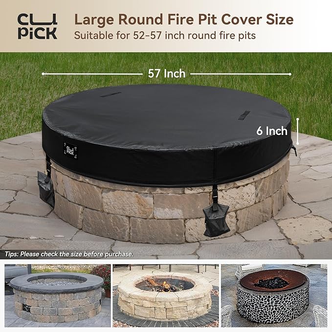 Outdoor Fire Pit Cover,In Ground Firepit Covers Round with Sandbag,600D Heavy Duty Waterproof and Tear-Resistant,Windproof,Suitable for 52-57 Inch Round Built in Stone Firepits,Black