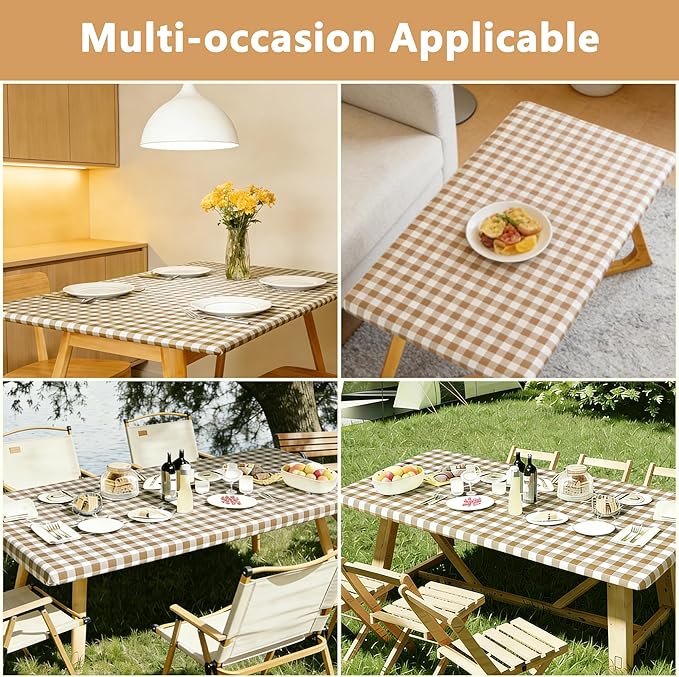Rectangle Picnic Table Cloth, Elastic Waterproof Fitted Vinyl Tablecloths for 8 Foot Tables, Wipeable Flannel Backed Table Covers for Dining, Camping, Outdoor(Khaki Plaid,30"x96")