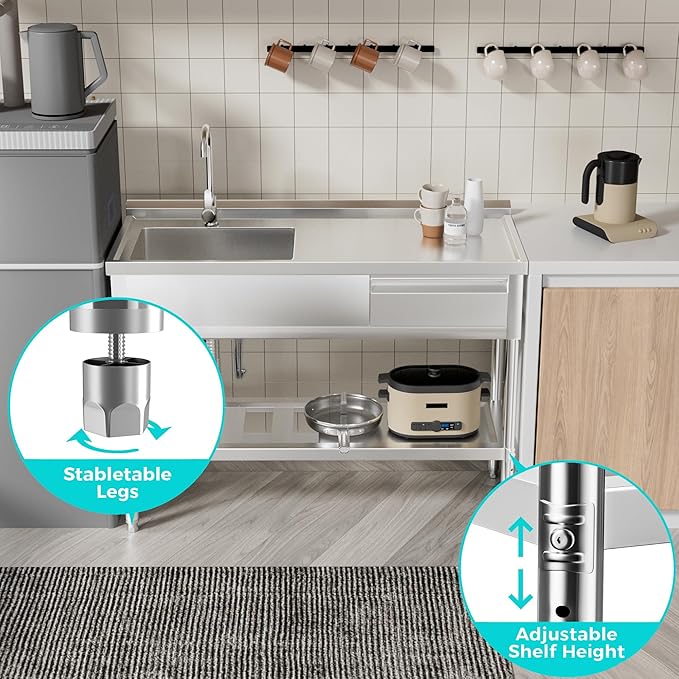 WOEDEN 47" 304 Stainless Steel Sink, Free-Standing Commercial Sink with Workbench, Drawer Storage & Hot/Cold Water Pipes for Laundry, Farmhouse & Outdoor Use