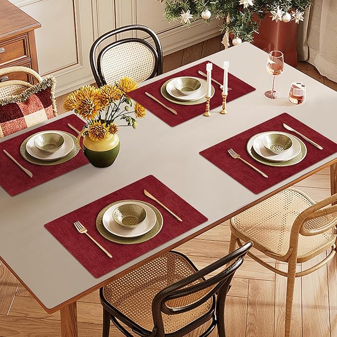 Faux Leather Heat Resistant Christmas Placemats Set of 4 – Waterproof Oilproof Wipeable Dining PU Vinyl Place Mat Easy Clean Table Mats for Kitchen/Dining/Party/Holiday, Red