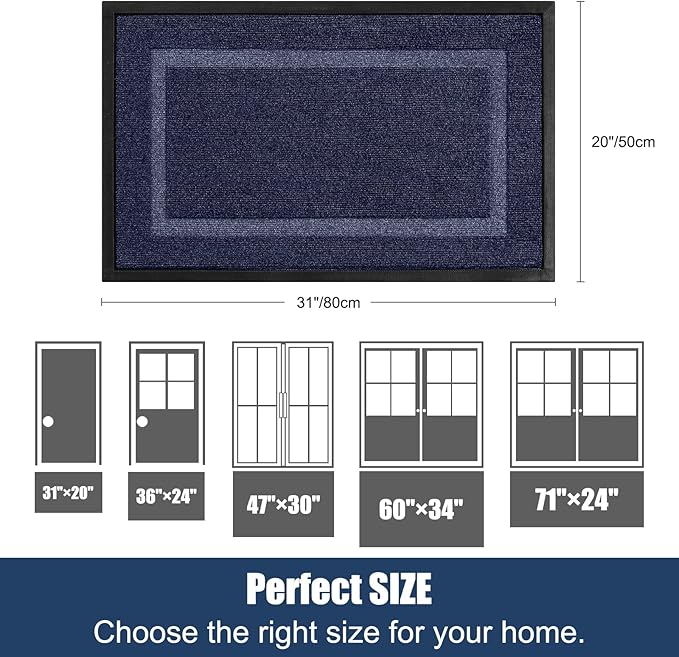 Front Door Mat Outside Entrance Indoor Doormat, 31" x 20" Outdoor Mats for Patio Waterproof, Outdoor Door Mats for Outside Entry, Indoor Rugs for Entryway, Sturdy Natural Rubber Entry Mat, Blue