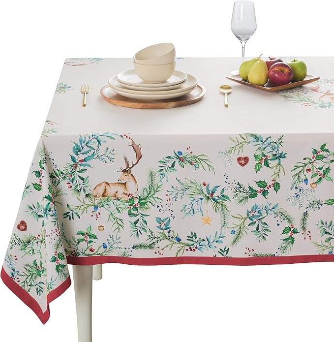 Maison d' Hermine Table Cloth Square Table 100% Cotton 54 x 54 Inches Fall Tablecloth Reusable Everyday Use for Thanksgiving Christmas Decorations Dining Farmhouse Party (Holly Time)