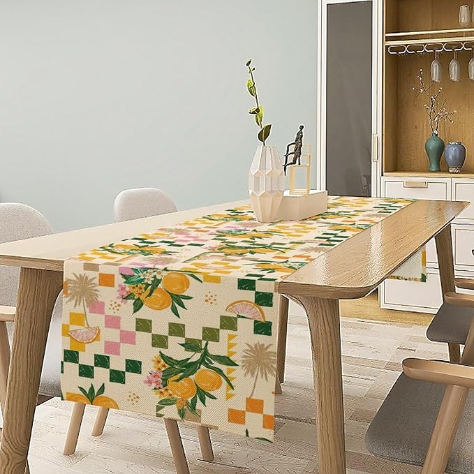 Tropical Summer Fruit Table Runner, Orange Square Grid Lemon Beach Ocean Table Runner for Kitchen Dining Party Holiday Home 13x108in
