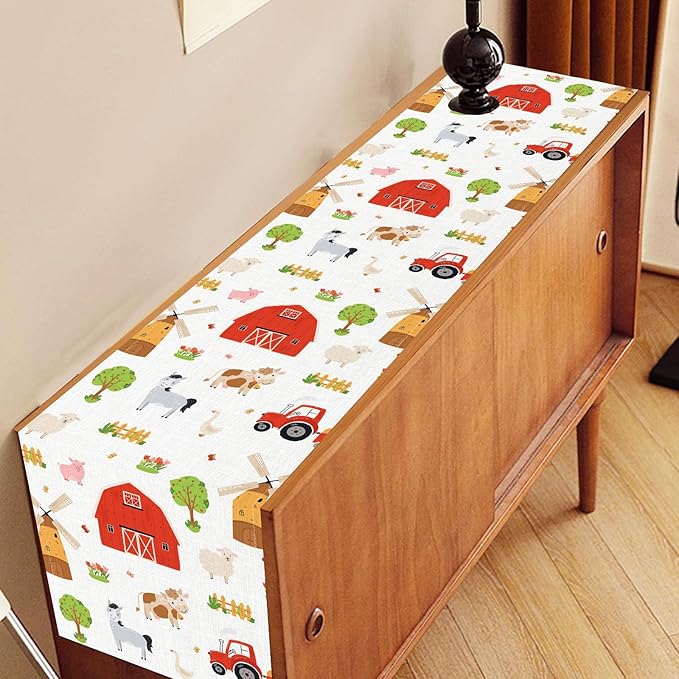 Farm Animals Table Runner, Rustic Farmhouse Cow Pig Rooster Watercolor Coffee Table Center Decor for Home Kitchen Dining Patio Holiday Party Indoor Outdoor Table Decorations, 13"x108" Inch