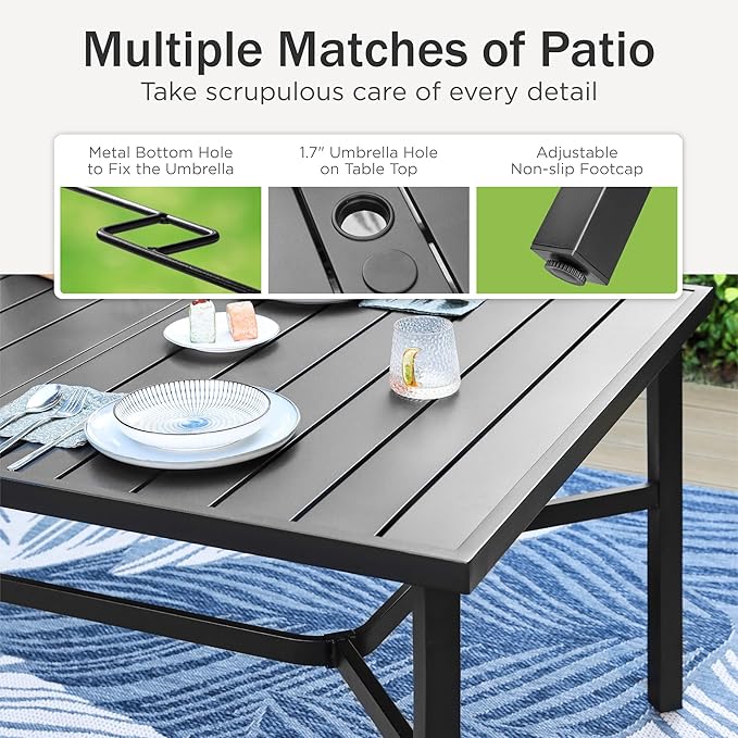 PHI VILLA 9 Piece Patio Dining Set, Patio Furniture Outdoor Dining Set with Adjustable Portable Patio Folding Chairs (Grey) & Large Patio Dining Table for Yard, Garden and Deck