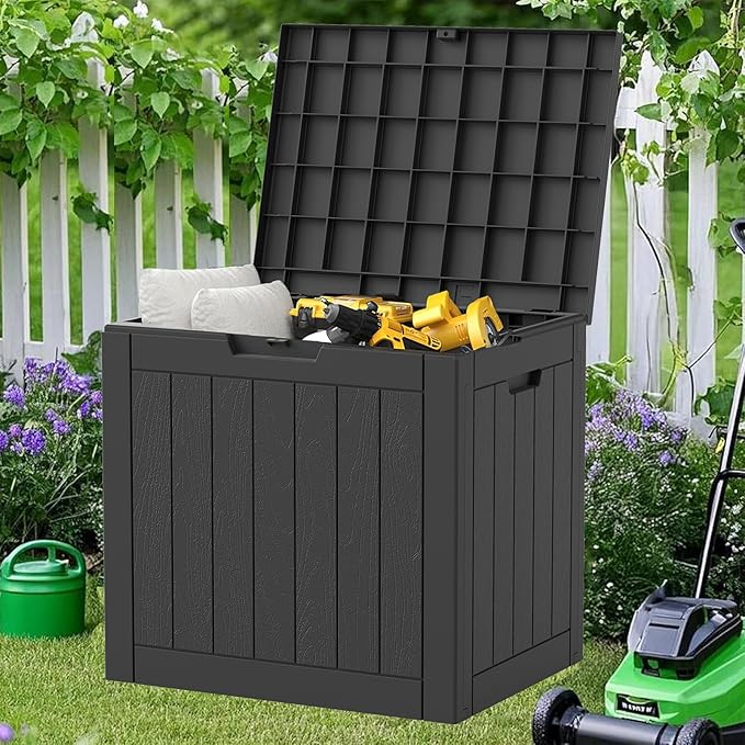 NUNU LAB 35 Gallon Outdoor Storage Box Waterproof, Outside Package Delivery Deck Boxes with Lockable Lid, Backyard Storage Bin For Garden Tools, Patio Cushions Accessories, Black