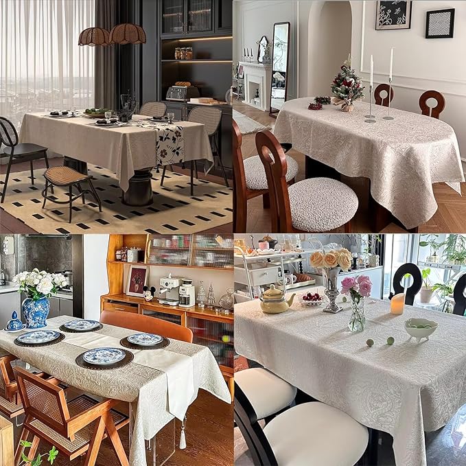 French Rectangle Tablecloth, Luxurious Retro Jacquard Waterproof Washable Table Cloth, Elegant Table Cover for Dining Party Wedding Baby Shower Kitchen (72''x54'', Milky White)