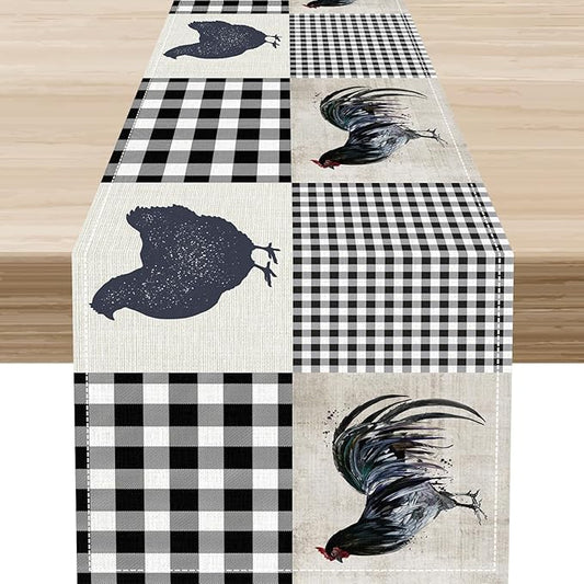 Farmhouse Rooster Table Runner, Vintage Rooster Retro Farmhouse Country Chicken Buffalo Checked Coffee Table Center Decor for Home Kitchen Dining Patio Holiday Party Table Decorations 13"x90"