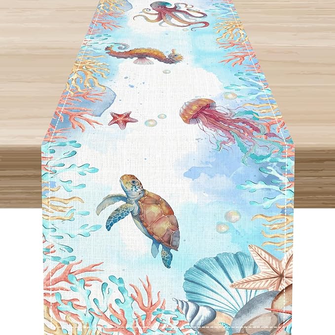 Blue Coastal Table Runner, Nautical Starfish Turtle Seashell Coral Shell Beach Ocean Dining Table Runner for Coffee Table Home Party Decor 13"x108"