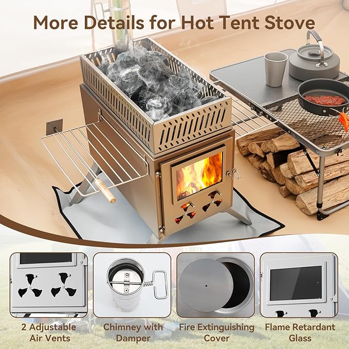 Sauna Hot Tent Stove, Rocket Camping Wood Burning Stove with 8 Stainless Chimney Pipes, Portable Folding Wood Stove for Tent, Outdoor Heating, Cooking, Ice Fishing, Hunting