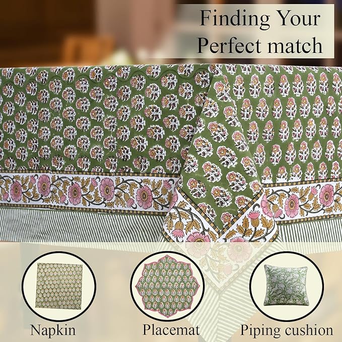CPC Tablecloth 100% Cotton 70x108 Inch Indian Block Print Easter RectangleTable Cover, Table Cloth for Weddings, Parties- Jade Green 8-Seater