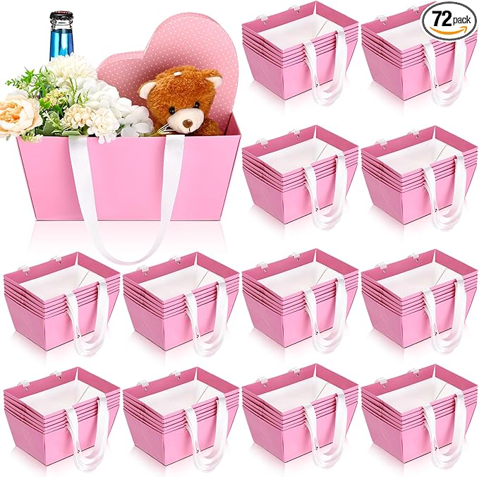 Glenmal 72 Pcs Baskets for Gifts Waterproof Empty Kraft Basket Bulk with Handles 9.8 x 6.5 x 4.3'' Gift Basket Empty to Fill for Wedding Party Christmas Valentines(Pink)