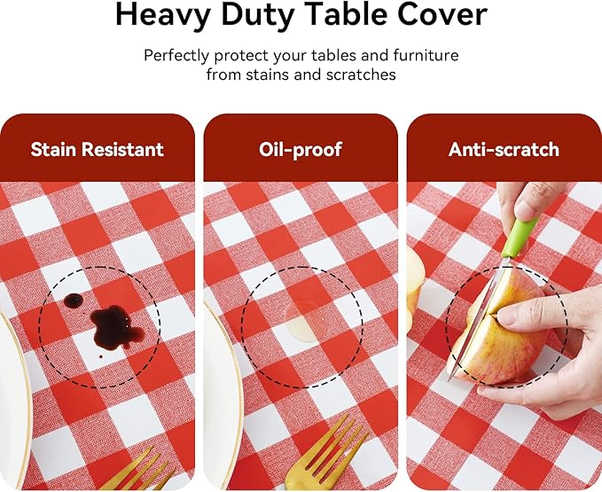 Romanstile Square Vinyl Tablecloth, 100% Waterproof Buffalo Gingham Plastic Table Cloth, Heavy Duty Wipeable Checkered Table Covers for Outdoor, Camping, Picnic, Patio - 60 x 60, Red and White