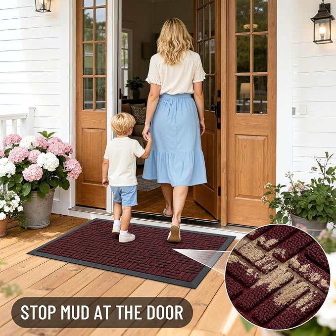 OLANLY Front Door Mat Outside Entrance 47x17, Absorbent, Heavy Duty Sturdy Natural Rubber Doormat Indoor Outdoor, Non-Slip, Stain and Fade Resistant, Low Profile Floor Mat for Entryway, Burgundy