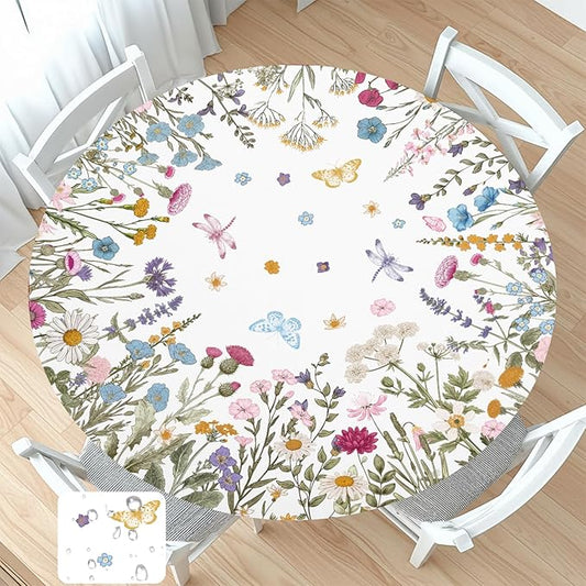 Spring Summer Floral Round Fitted Tablecloth with Elastic Wildflower Butterfly Circle Table Cloth for 36-40" Tables Wipeable Waterproof Farmhouse Easter Flowers Table Cover for Picnic Outdoor Dining