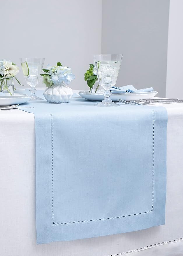 Solino Home Linen Sky Blue Table Runner 144 Inches Long - 100% Pure Linen Extra Long Table Runner 14 x 144 Inch for Spring, Easter - Classic Hemstitch