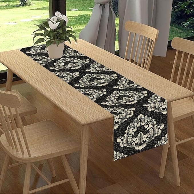 Gothic Table Runner, Retro Black Damask Baroque Style Floral Bohemian Exotic Coffee Vintage Table Center Decor for Kitchen and Dining Outdoor Home Country Party Table Decorations, 13"x90"