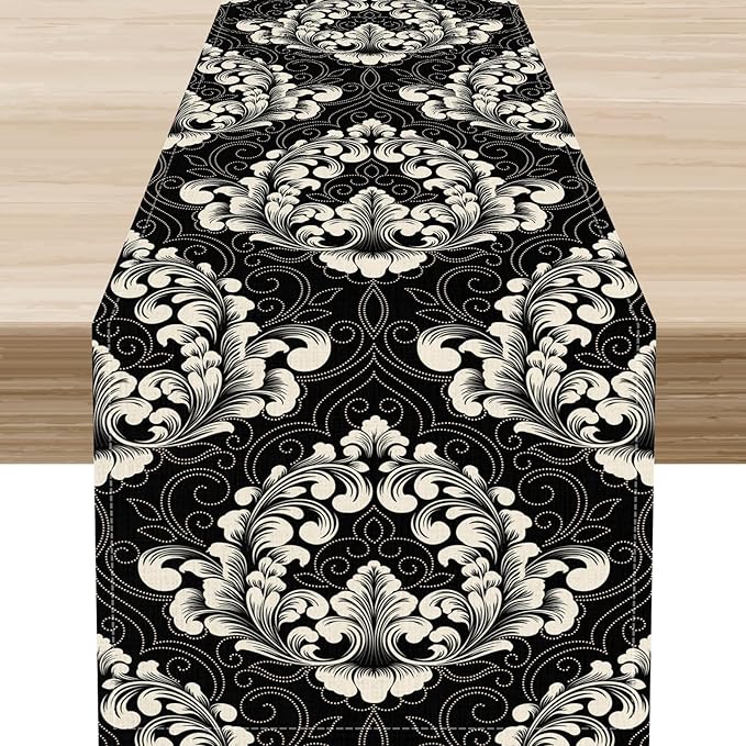 Gothic Table Runner, Retro Black Damask Baroque Style Floral Bohemian Exotic Coffee Vintage Table Center Decor for Kitchen and Dining Outdoor Home Country Party Table Decorations, 13"x72"